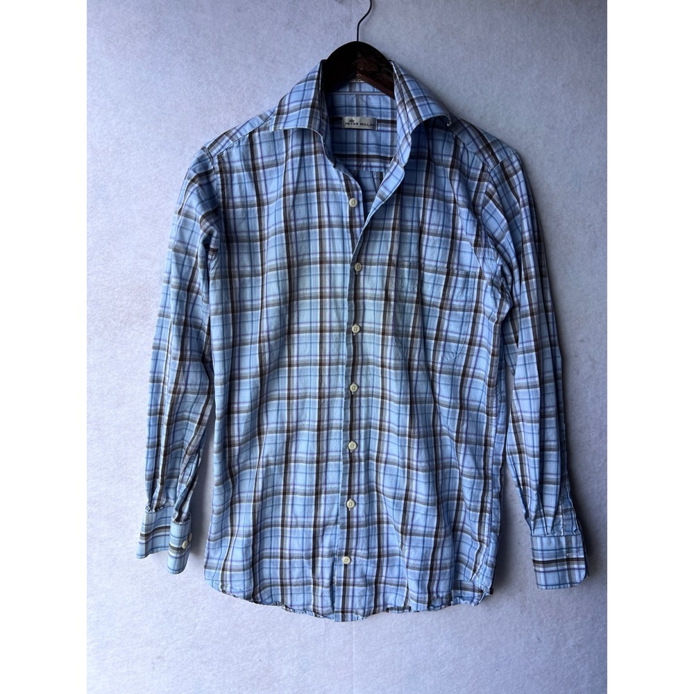 Peter Millar Mens Small Blue Plaid Cotton Long Sleeve Button Down Shirt 484